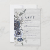 ネイビーブルーシルバーウォーターカラーフローラRSVP 結婚's 出欠カード (正面)