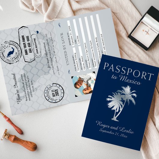 ネイビーブルーシルバーカンクンメキシコ結婚パスポート 招待状