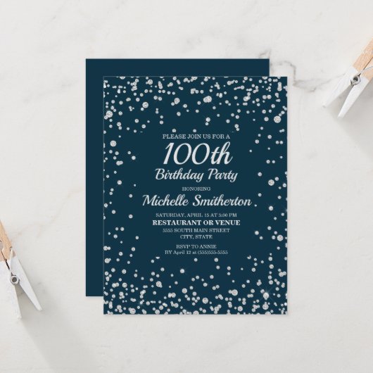 ネイビーブルーシルバーグリッターウィメンズ100誕生日 カード (正面/裏面インサイチュ)