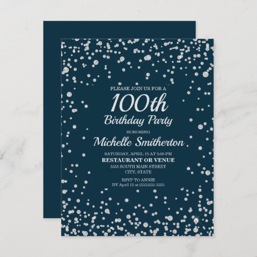 ネイビーブルーシルバーグリッターウィメンズ100誕生日 カード (正面/裏面)
