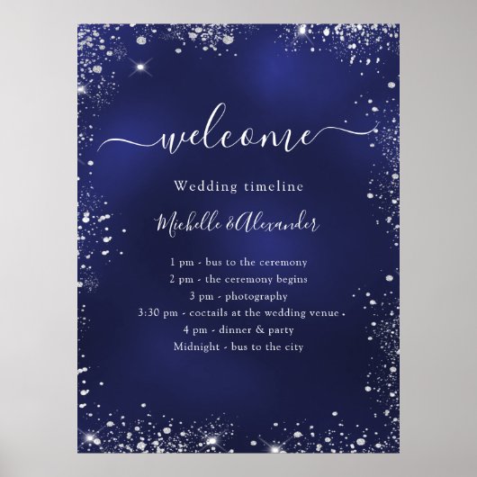 ネイビーブルーシルバーグリッターウェディングプログラムタイムライン ポスター (正面)
