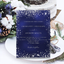 ネイビーブルーシルバーグリッターエレガントな結婚式 招待状