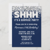 ネイビーブルーシルバーグリッターサプライズバースデーパーティー 招待状 (正面)