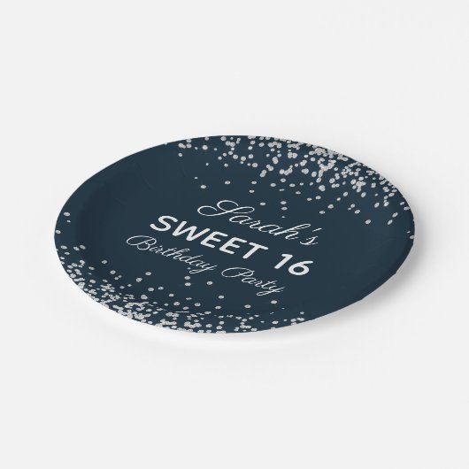 ネイビーブルーシルバーグリッタースウィート16バースデーパーティー ペーパープレート (アングル)