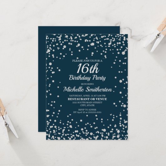 ネイビーブルーシルバーグリッタースウィート16誕生日 カード (正面/裏面インサイチュ)