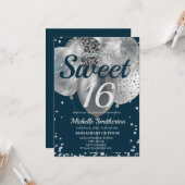 ネイビーブルーシルバーグリッターバルーンスウィート16誕生日 カード (正面/裏面インサイチュ)