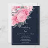 ネイビーブルーシルバーグリッターピンク結婚フローラ 招待状 (正面)