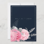 ネイビーブルーシルバーグリッターピンク結婚フローラ 招待状 (裏面)