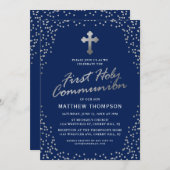 ネイビーブルーシルバーグリッターファーストホーリーコミュニオン 招待状 (正面/裏面)