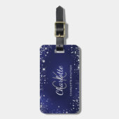 ネイビーブルーシルバーグリッターモノグラム名 ラゲッジタグ (正面縦)