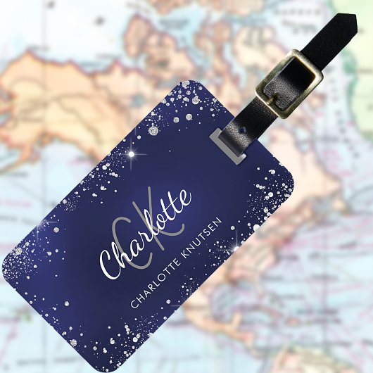 ネイビーブルーシルバーグリッターモノグラム名 ラゲッジタグ