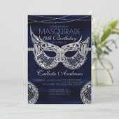 ネイビーブルーシルバーグリッターレースマスカレード誕生日 招待状 (スタンド正面)