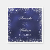 ネイビーブルーシルバーグリッター名ハート結婚の スタンダードカクテルナプキン (正面)