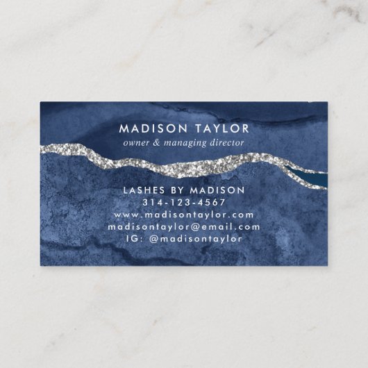 ネイビーブルーシルバーグリッター大理石アゲートモノグラム 名刺 (裏面)