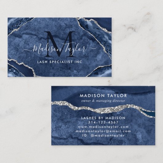 ネイビーブルーシルバーグリッター大理石アゲートモノグラム 名刺 (正面/裏面)