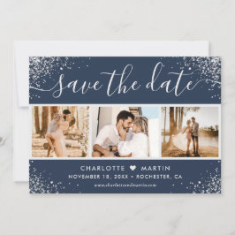 ネイビーブルーシルバーグリッター紙吹雪結婚の3枚の写真 セーブザデート