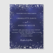 ネイビーブルーシルバーグリッター結婚式招待状磁石 (正面)