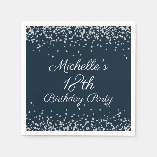 ネイビーブルーシルバーグリッター18thバースデーパーティー スタンダードカクテルナプキン (正面)
