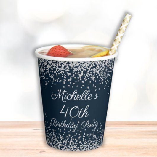 ネイビーブルーシルバーグリッター40th誕生日パーティー 紙コップ