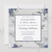 ネイビーブルーシルバーグレイ花結婚柄 招待状 (正面)