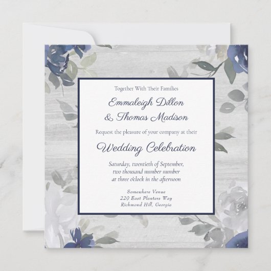 ネイビーブルーシルバーグレイ花結婚柄 招待状 (正面)