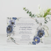 ネイビーブルーシルバーグレー水色フローラ結婚ズ 招待状 (スタンド正面)