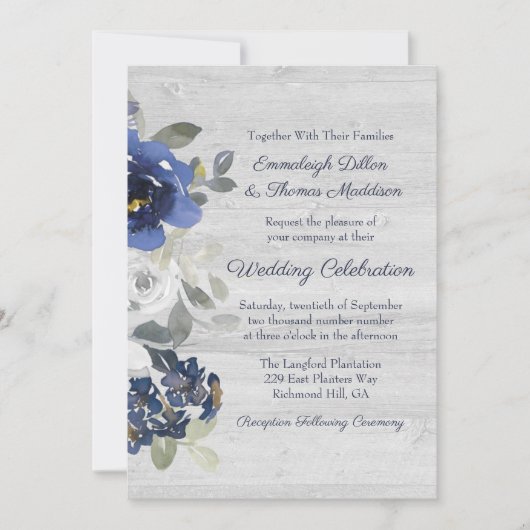 ネイビーブルーシルバーグレー水色フローラ結婚ズ 招待状 (正面)