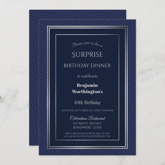 ネイビーブルーシルバーサプライズ40thバースデーディナー 招待状 (正面/裏面)