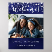 ネイビーブルーシルバースター写真誕生日パーティーへようこそ ポスター (正面)