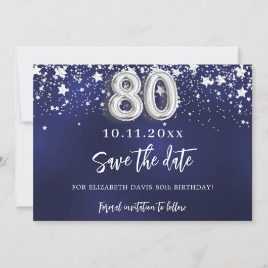 ネイビーブルーシルバースター80歳の誕生日 セーブザデート (正面)