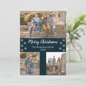 ネイビーブルーシルバースノーフレーククリスマスコラージュ写真 シーズンカード (スタンド正面)