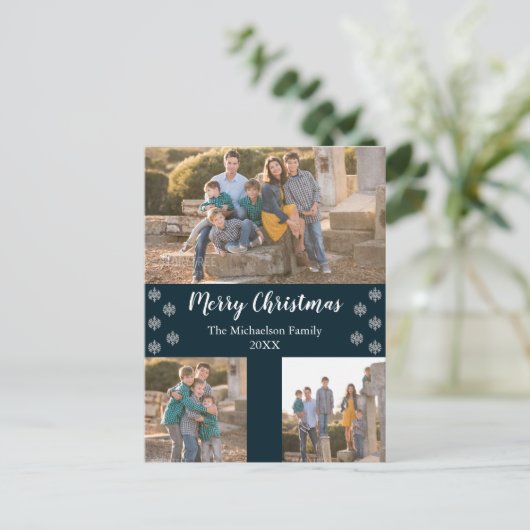 ネイビーブルーシルバースノーフレーククリスマスコラージュ写真 シーズンポストカード (スタンド正面)