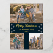 ネイビーブルーシルバースノーフレーククリスマスコラージュ写真 箔シーズンカード (正面)