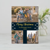 ネイビーブルーシルバースノーフレーククリスマスコラージュ写真 箔シーズンカード (立ち正面)