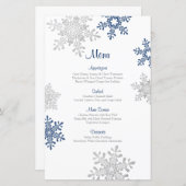 ネイビーブルーシルバースノーフレーク冬のウェディングメニュー (正面/裏面)