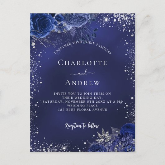 ネイビーブルーシルバースパークル結婚フローラ インビテーションポストカード (正面)