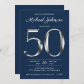 ネイビーブルーシルバータイポグラフィ50thバースデーパーティー 招待状 (正面/裏面)