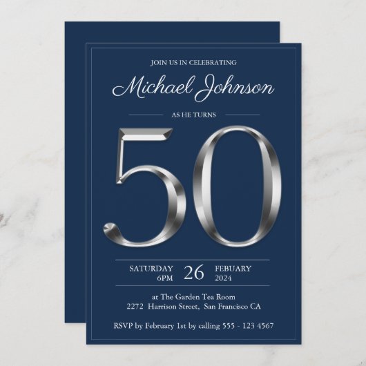 ネイビーブルーシルバータイポグラフィ50thバースデーパーティー 招待状 (正面/裏面)
