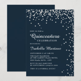 ネイビーブルーシルバーダイヤモンドコンフェティQuinceañera 招待状