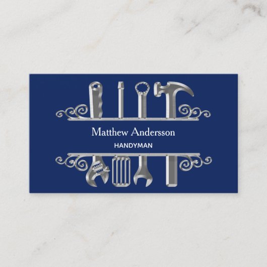 ネイビーブルーシルバーツールホーム修復写真QRコード 名刺 (正面)