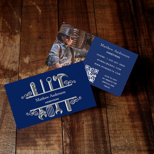 ネイビーブルーシルバーツールホーム修復写真QRコード 名刺