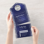 ネイビーブルーシルバーディスコボールグリッター誕生日rsvp オールインワン招待状 (貼ってはがせる)