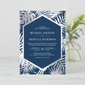 ネイビーブルーシルバートロピカルパームオールインワン結婚ズ 招待状 (スタンド正面)