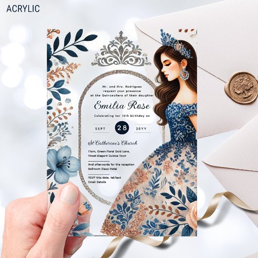 ネイビーブルーシルバードレスキンセアニラフローラクリン アクリル招待状