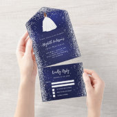 ネイビーブルーシルバードレスグリッター誕生日rsvp オールインワン招待状 (貼ってはがせる)