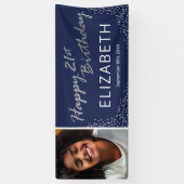 ネイビーブルーシルバーハッピーバースデーフォト 横断幕 (縦)