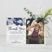 ネイビーブルーシルバーバルーングリッターフォト誕生日 サンキューカード (スタンド正面)