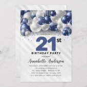 ネイビーブルーシルバーバルーングリッター21歳 招待状 (正面/裏面)