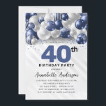 ネイビーブルーシルバーバルーングリッター40th誕生日 招待状<br><div class="desc">グラムモダンネイビーブルーシルバーバルーングリッタースパークルアエージ誕生日招待状</div>