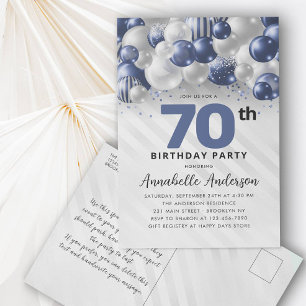 ネイビーブルーシルバーバルーングリッター70誕生日 ポストカード